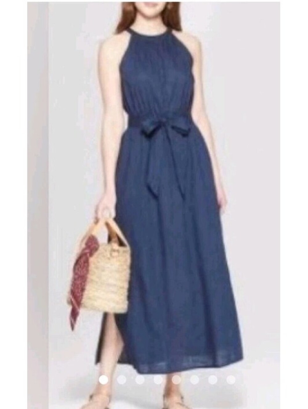 Universal Thread Large Navy Blue Maxi  Dress Halter Top Neckline Belted Cotton
